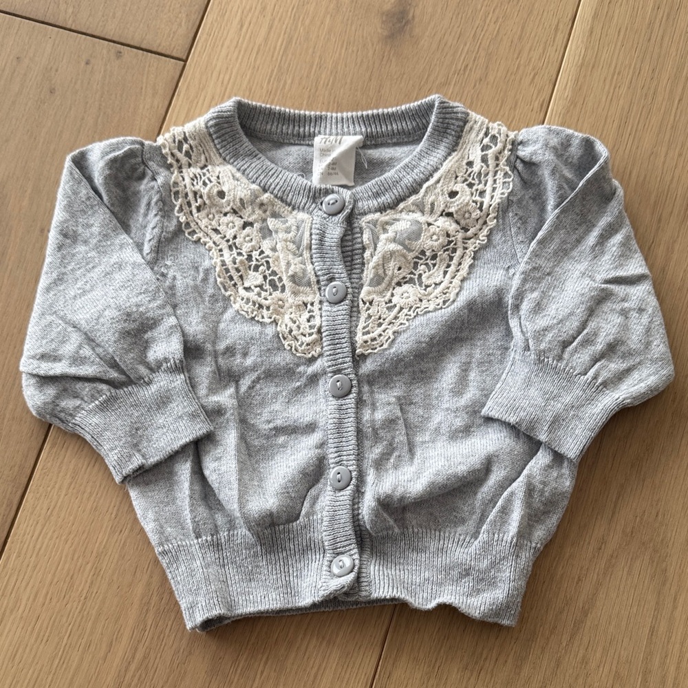H&M Gray Infant Cardigan with Cream Lace Collar - size 2-4 months